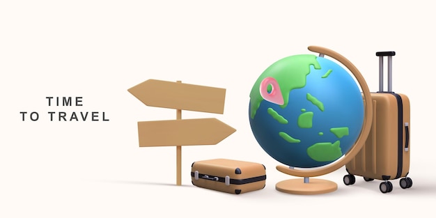 Вектор 3d реалистичное планирование мирового тура с расположением на земном шаре, багажом и чемоданом