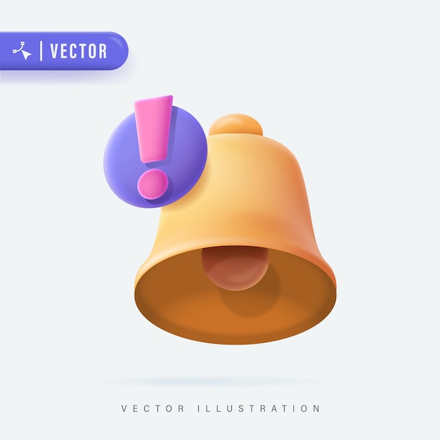 Vector 3d realistic yellow bell notification vector illustration. bell notification logo, icon or symbol