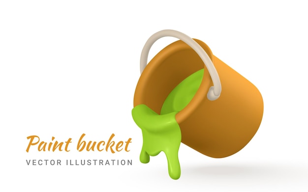 3d realistic yellow bucket of green paint in cartoon style Vector illustration