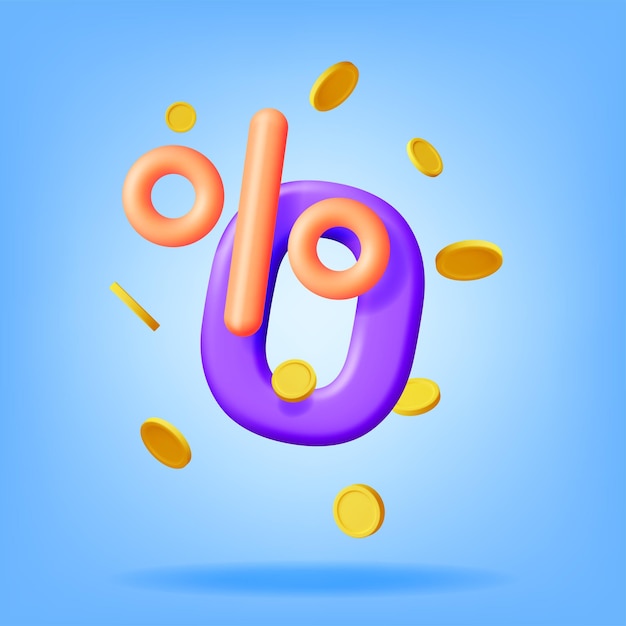 3D Realistic Zero Percent Sign Icon with Coins