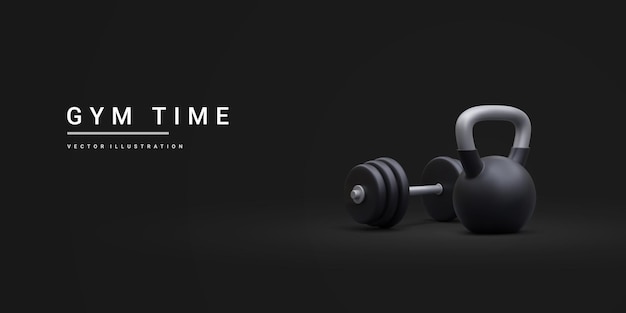 3D-realistische banner met halters en kettlebell geïsoleerd op zwarte achtergrond Vectorillustratie