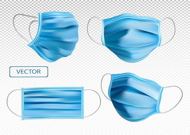 3D-realistische beschermende medische masker. Virusbescherming. Face Medical Mask vanuit verschillende invalshoeken. Medisch masker geïsoleerd op transparante achtergrond. illustratie