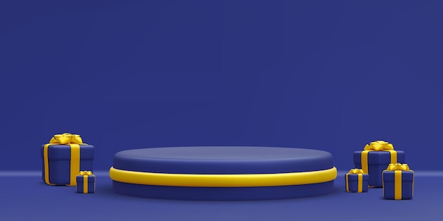 3D-realistische blauwe ronde podium met gouden cirkel op lichte achtergrond Scène en platform met geschenkdozen op lichte achtergrond Design voetstuk voor kerst vectorillustratie