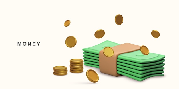 Vector 3d realistische bundel contant geld en vliegende munten vector illustratie