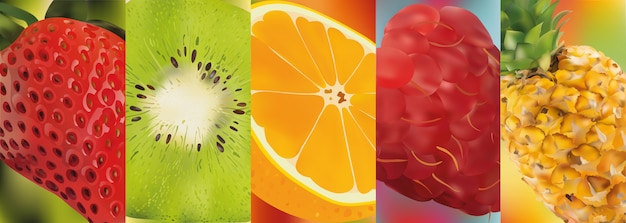 3D-realistische fruit framboos, aardbei, sinaasappel, kiwi, ananas.