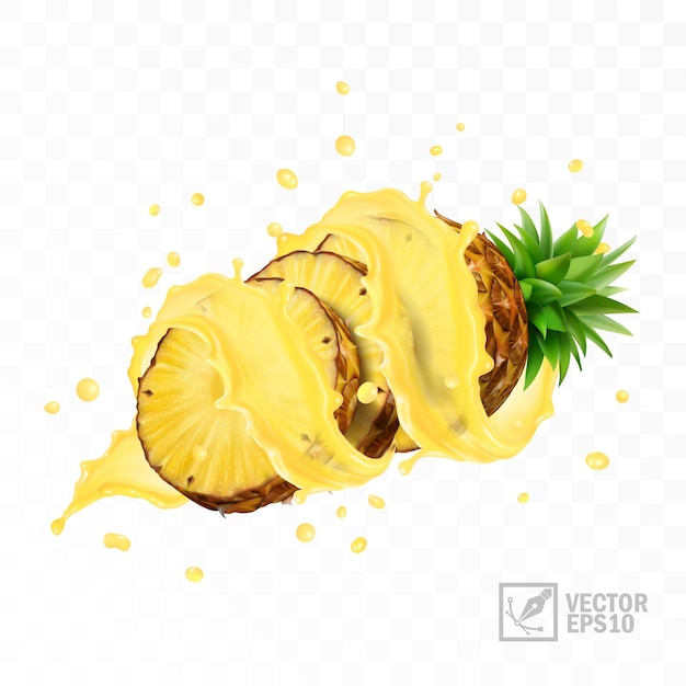 3d realistische geïsoleerde vector set van ananas met sap splash halve ananas met bladeren