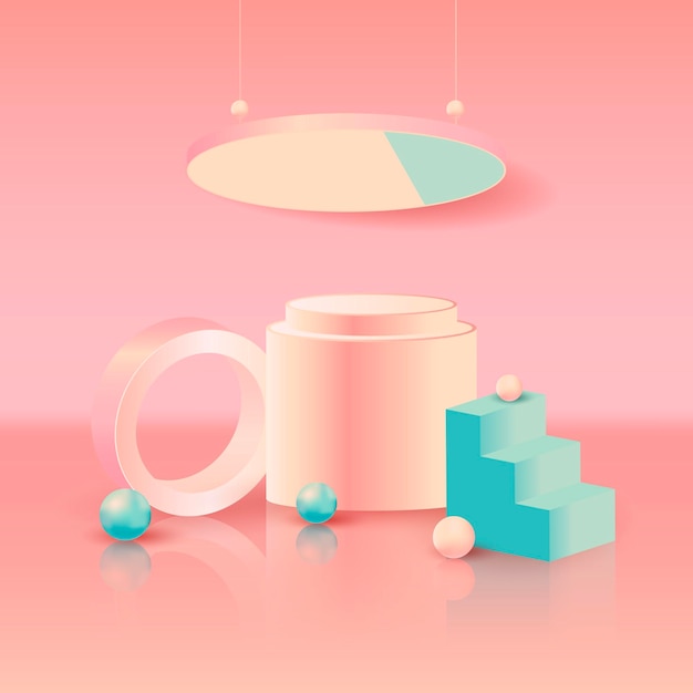 3D-realistische geometrische podium blauwe en roze achtergrond