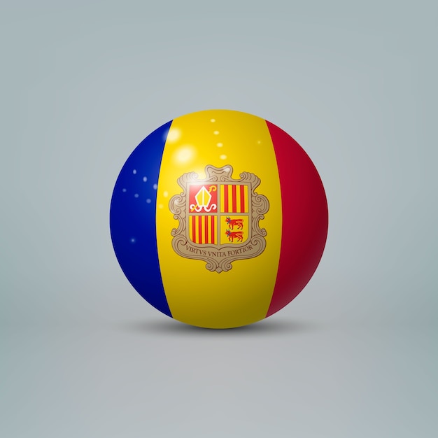 3d-realistische glanzende plastic bal of bol met vlag van andorra