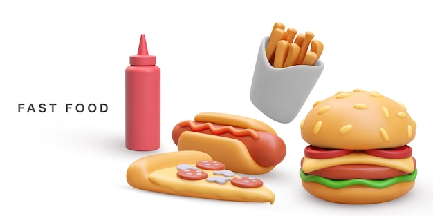 Vector 3d-realistische hamburger pizza hot dog ketchup en frietjes aardappelen op witte achtergrond