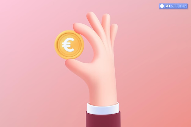 Vector 3d-realistische hand en euro gouden munt pictogram symbool geld contant valuta teken investering winst of winst financiën of casino concept 3d vector geïsoleerde illustratie cartoon pastel minimalistische stijl