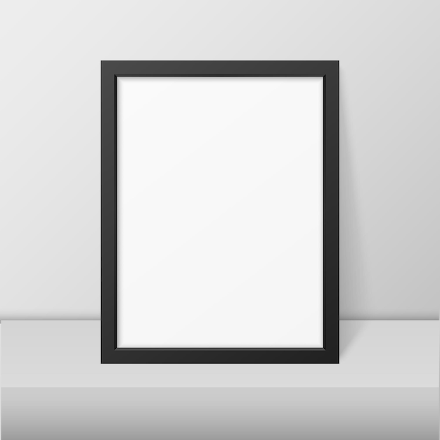 3d-realistische moderne interieur zwarte lege verticale a4 houten poster fotolijst mockup