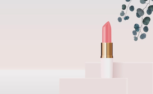 3D-realistische natuurlijke lippenstift op roze podium ontwerpsjabloon van cosmetica mode-product