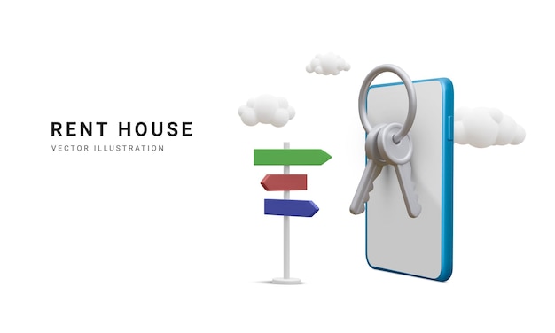 3D-realistische online boekingsbanner Mobiele applicatie voor boekhotelaccommodatie of appartement voor vakantie in cartoonstijl Landingspagina van online huurreservering Vectorillustratie