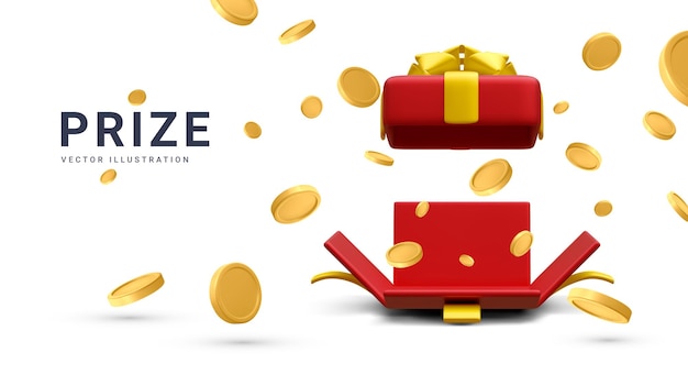 3d realistische open geschenkdoos en vallende gouden munten concept voor cryptocurrency bonus je wint een prijs