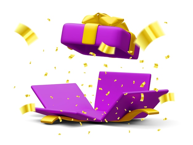 3D-realistische open geschenkdoos en vliegende gouden confetti op witte achtergrond Win prijzen concept vectorillustratie