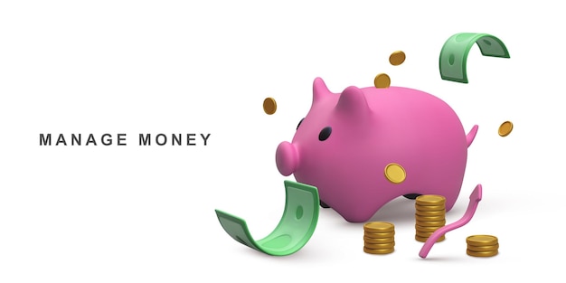 Vector 3d realistische piggy money bank en stapel gouden munten en papieren groene dollars vector illustratie