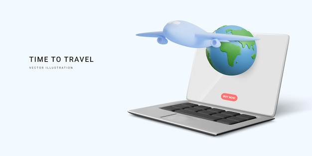 3d-realistische reisbanner met laptop planeet en vliegtuig tijd om te reizen vectorillustratie