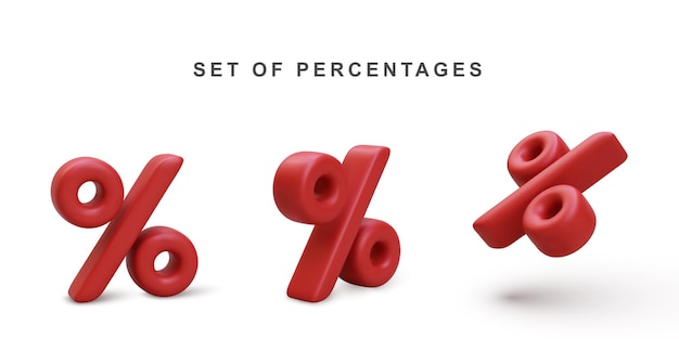 3D-realistische set van rode percentage geïsoleerd op witte achtergrond vectorillustratie