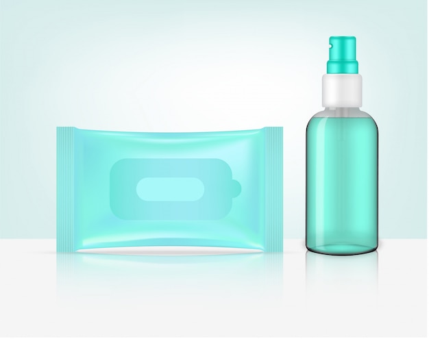 3d-realistische spray transparante fles en nat afnemen zakje zak verpakking product. huishouden en gezondheidszorg conceptontwerp.