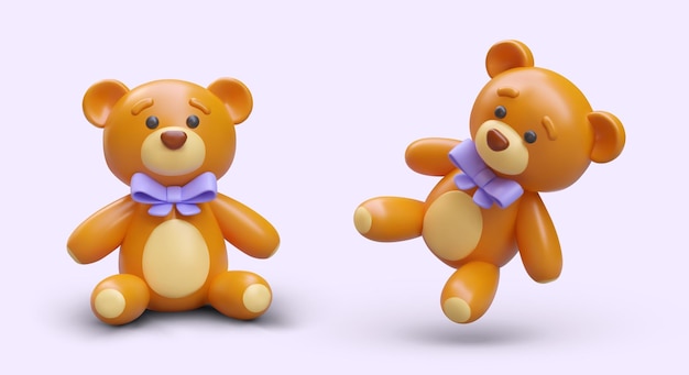 3D realistische teddybeer met paarse boog in verschillende posities