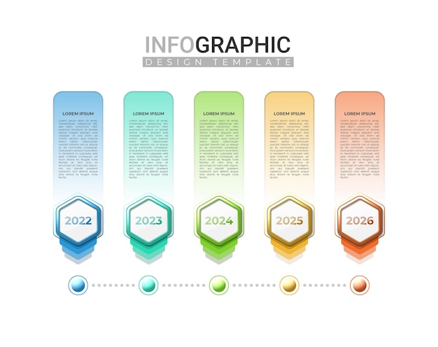 3D-realistische tijdlijn infographic in 5 stappen Moderne infographic met kleurrijke zeshoekige gradiënt