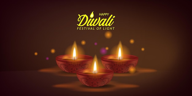 3D-realistische verlichte olielamp voor happy diwali festival van licht uit India met bokeh licht wenskaart