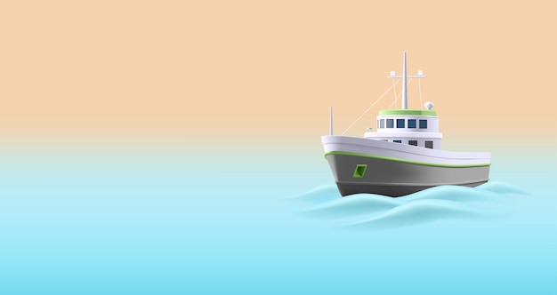 3D realistische vissersboot cartoon stijl landschap schip in de zee of oceaan met volume golven