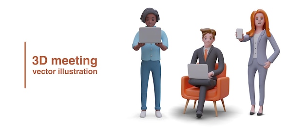 3D-realistische zakenmensen van verschillende nationaliteiten Man aan het werk op laptop met collega