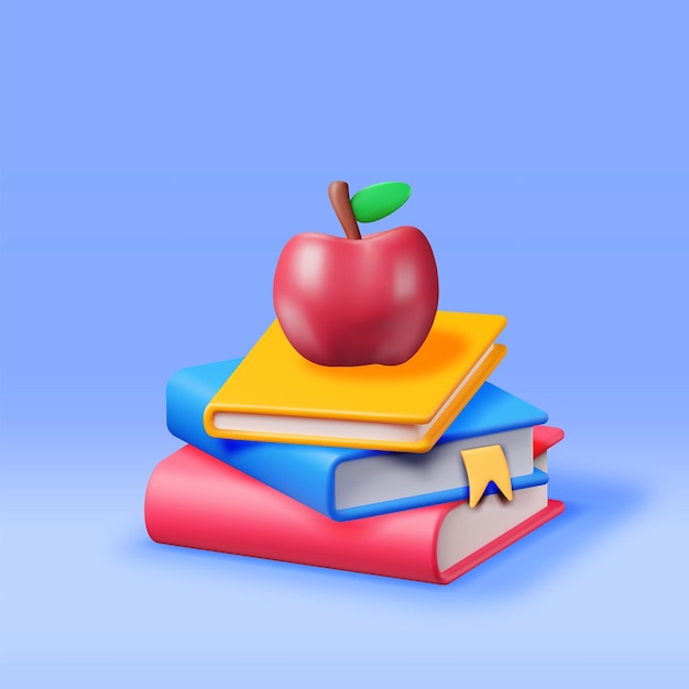 Вектор 3d red apple на стопке бумажных книг изолированы