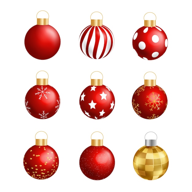 3d red christmas balls with patterns isolated on white. set of christmas ball objects. vector illustration.