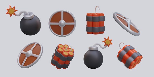 Vector 3d red dynamite and black bomb collection of detonating devices