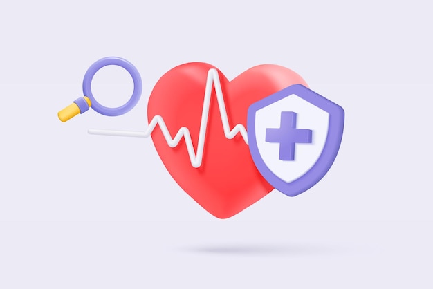 Vector 3d red heart with pulse line with magnifier and plus icon heartbeat or cardiogram pulse beat measure cardiac assistance medical first aid and health care 3d aid vector icon render illustration