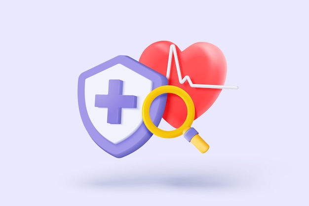 3d red heart with pulse line with magnifier and plus icon heartbeat or cardiogram pulse beat measure cardiac assistance medical first aid and health care 3d aid vector icon render illustration