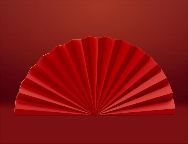 3d красный восточный бумажный веер на красном фоне. Подходит для японского или другого азиатского декора.