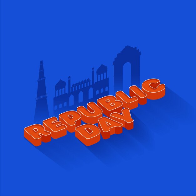 3d red republic day font with silhouette india famous monument on blue background