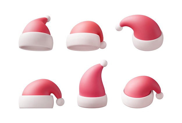 3D Red Santa Claus Hat Set Isolated. Render Collectie van Hoeden met Bont en Pompon. Gelukkig Nieuwjaar Decoratie. Vrolijke Kerstmis Kleding Vakantie. Nieuwjaar en Xmas Celebratie. Vector Illustratie