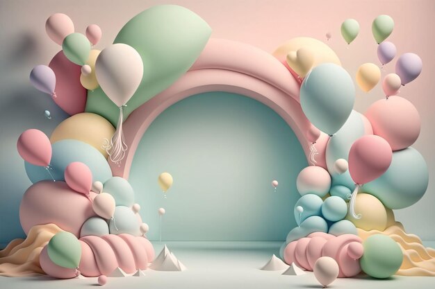 3d render abstract background with pastel color balloons and arch