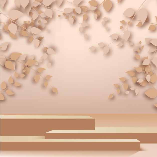 3d render abstract rose gold branches, leaves and podium on rose gold background