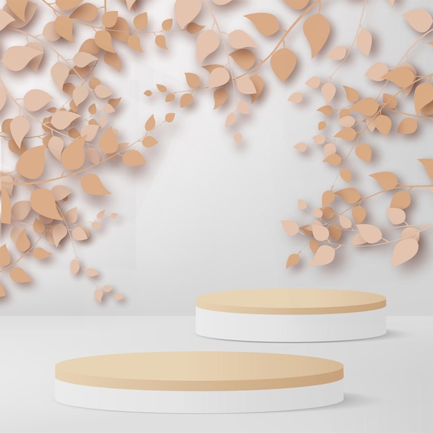 Vector 3d render abstracte rose gouden takken en bladeren met witte en houten podia op witte achtergrond