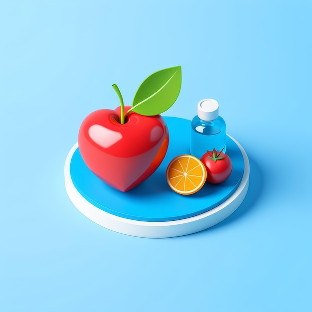 3Dレンダリング: プラット上のリンゴと青い背景の医療マスク 3Dイラスト 3Dレンダー