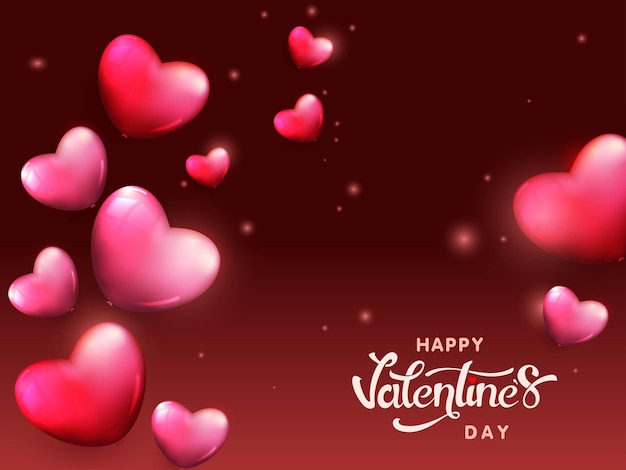 Vector 3d render of beautiful glossy pink hearts decor on light effects red background for happy valentines day concept