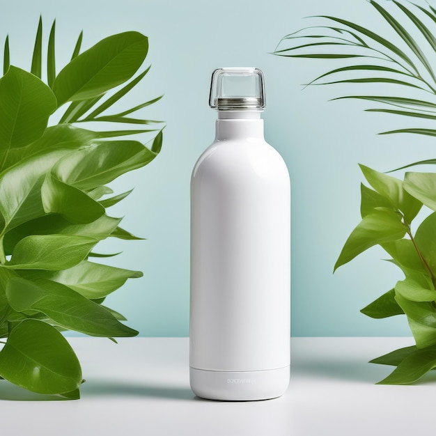 3D render of bottle of water on green leaf with palm tree leaves on light blue background mock