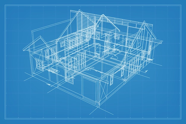 건물 와이어프레임 구조의 3D 렌더링 집의 관점 와이어프레임