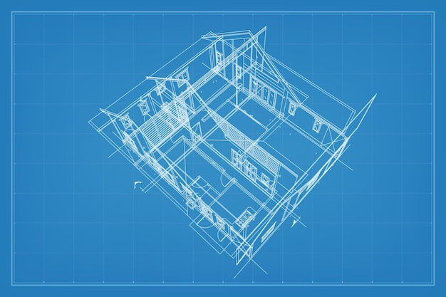 建物のワイヤー フレーム構造の 3 D レンダリング 家の遠近感のあるワイヤー フレーム