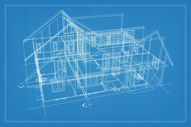 Vector 3d render of building wireframe structure perspective wireframe of house