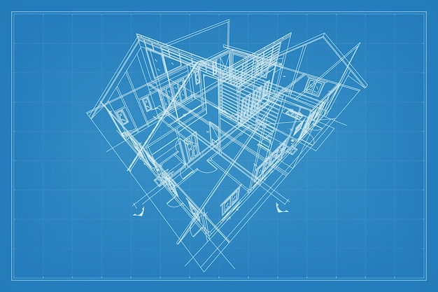 Vector 3d render of building wireframe structure perspective wireframe of house