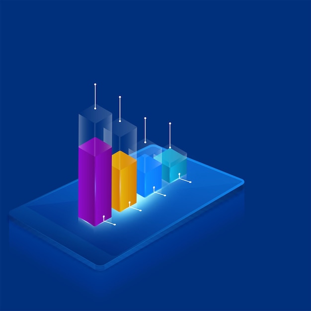 3D Render Of Colorful Growth Bar Graph Over Smartphone Screen On Blue Background