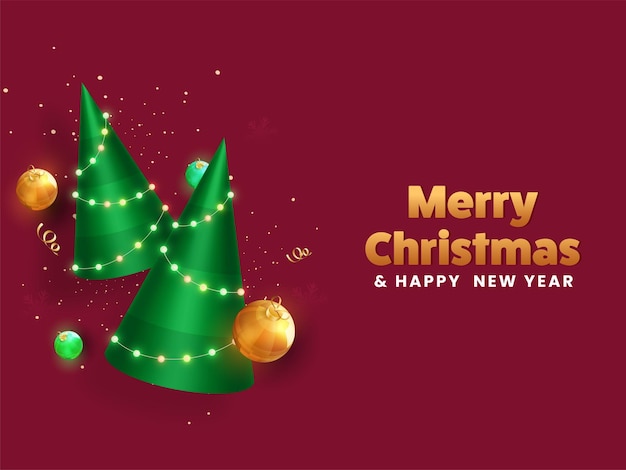3D-рендеринг конусообразной рождественской елки, украшенной светящейся гирляндой с золотой лентой и безделушками на бордовом фоне для счастливого Рождества и Нового года