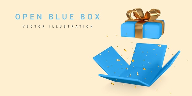 3d render and draw by mesh realistic open blue gift box and confetti vector illustration