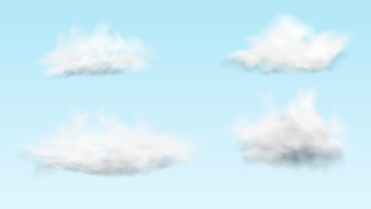 Vector 3d render four white realistic clouds on light blue sky background
